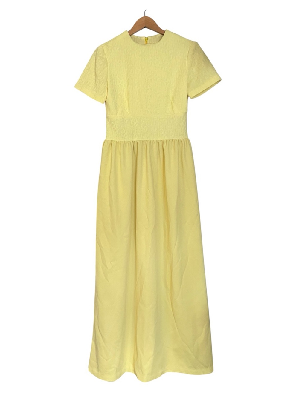 Vtg 1960s Butter Yellow Maxi Dress Empire Waist Short Sleeve Handmade Medium